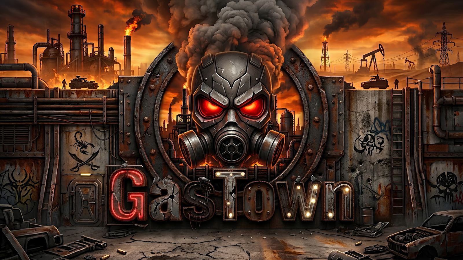 GasTown logo: a gas-mask skull with glowing red eyes over a rusted wall, with burning refineries and pumpjacks behind it